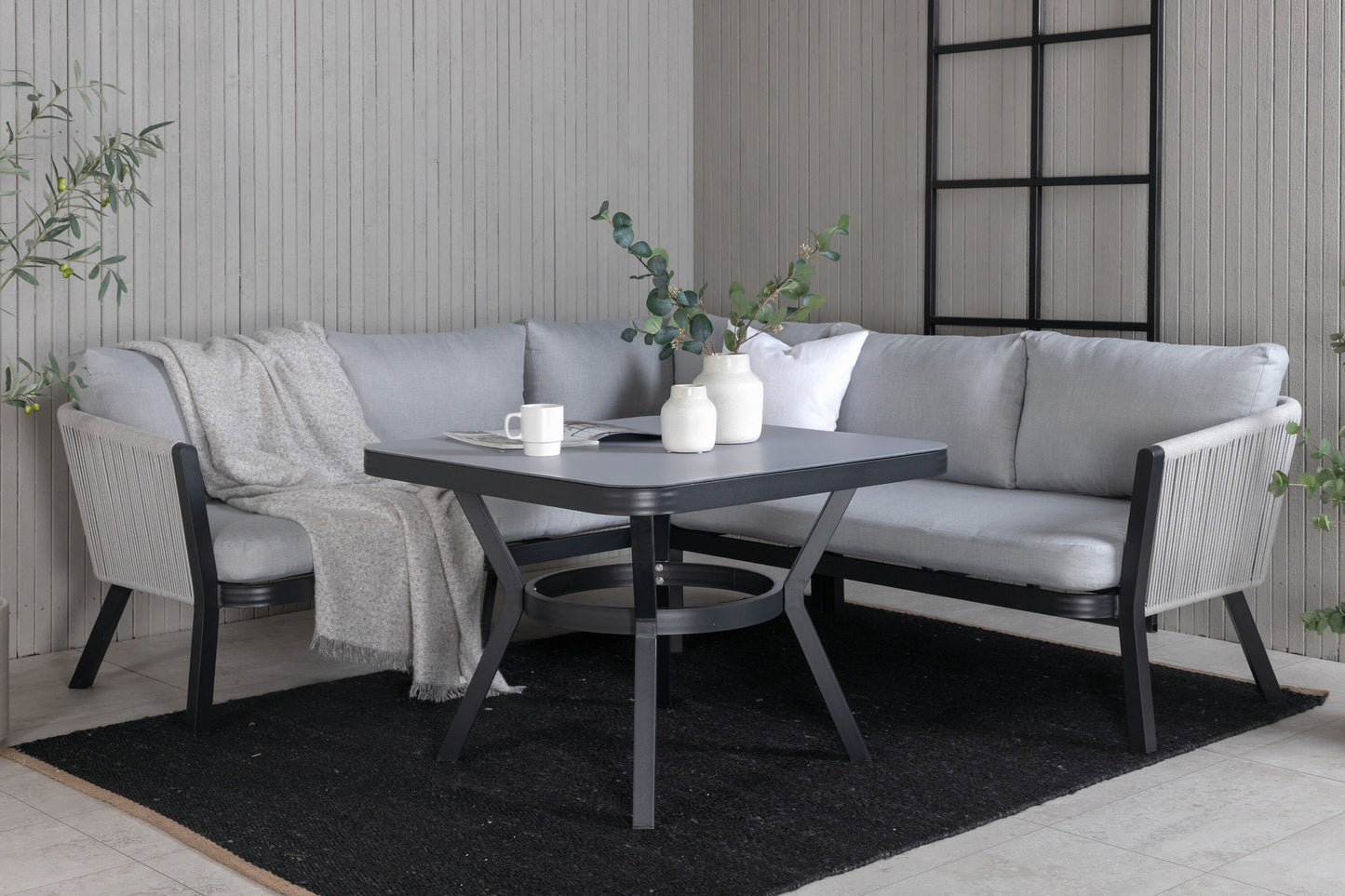 Virya garden bench with table grey/black